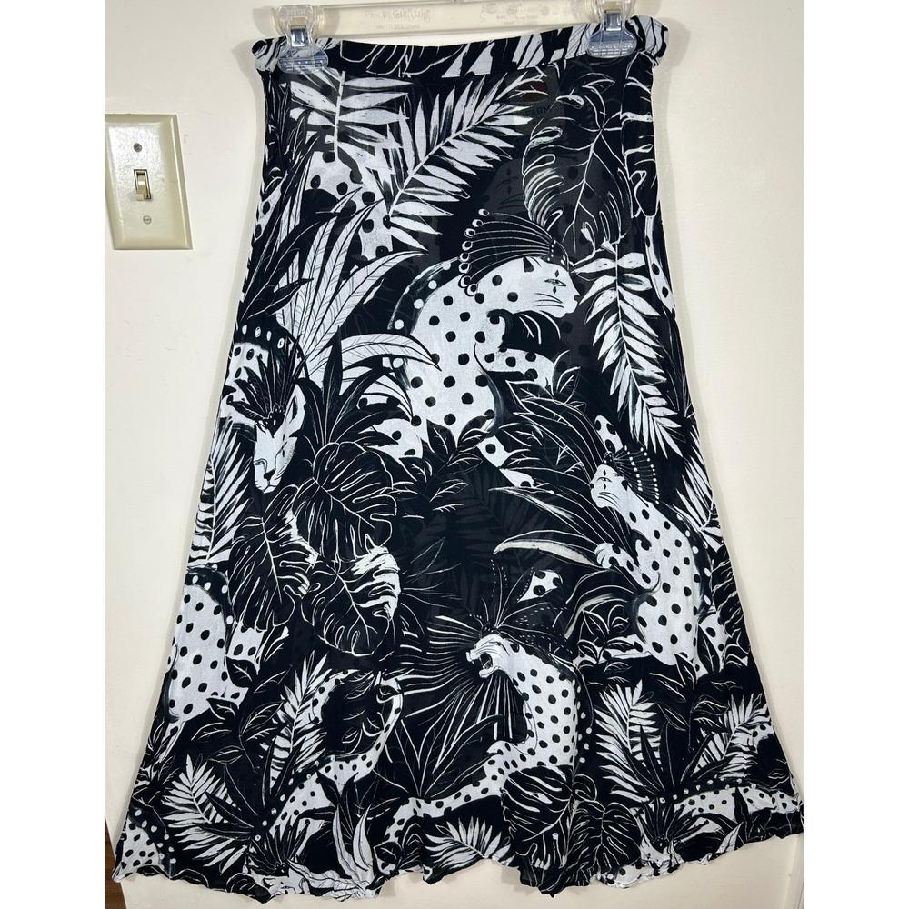 Farm Rio Midi Skirt Women M Black White Leopard Tropical Jungle Print BOHO Sheer